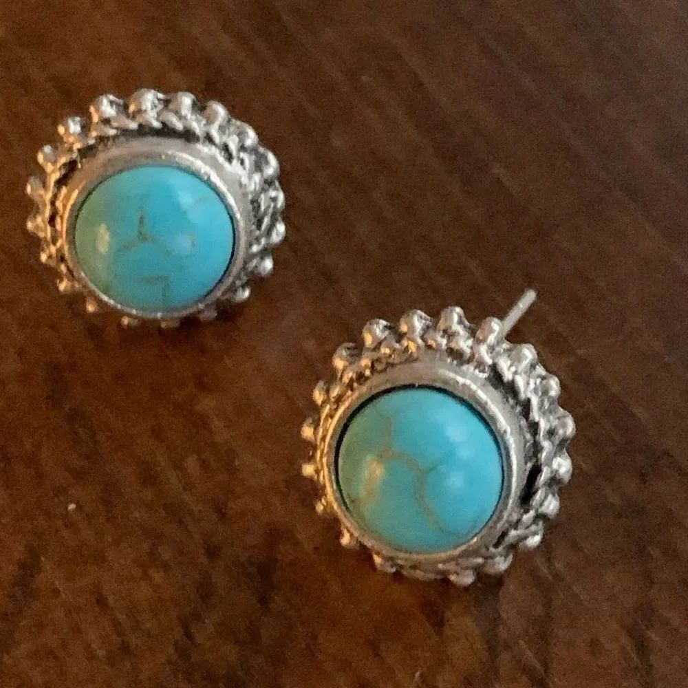 Men’s Western Turquoise Stud Earrings Southwest Indian Style Boho Ethnic Tribal
